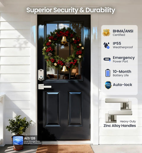 Front view of Smart Fingerprint Door Lock With App Control on black door, 8 In 1 Keyless Entry Deadbolt, Auto Lock, Electronic Keypad, Satin Nickel