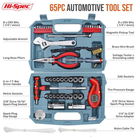 65 Piece Compact Auto Garage Tool Kit With Digital Tire Pressure Gauge and Magnetic Pickup in open blue case