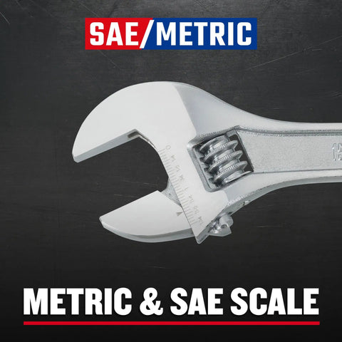 15 Inch Adjustable Wrench With Extra Wide Jaw Opening, Chrome Finish, SAE And Metric Scale Visible