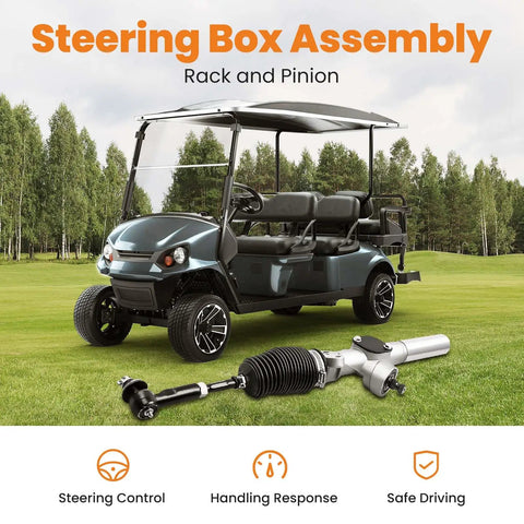 EZGO TXT MPT Golf Cart Steering Gear Box Assembly With Ball Joint And Latch For 2001 Up Electric And Gas Models Plug And Play Replacement 70964-G01 70602-G01 shown with golf cart and outdoor scene