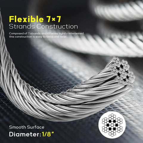 600 Ft One Eighth Inch T316 Stainless Steel Aircraft Cable For Deck Railing Kit And DIY Balustrades, 7x7 Construction With Cutter