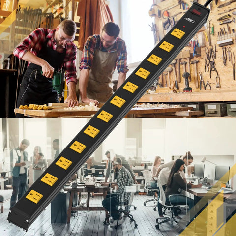 Heavy Duty Surge Protector With 12 Wide Spaced Outlets And 15 Foot Extension Cord Mounting Brackets 15A Circuit Breaker 1800 Joules Of Protection EMI Filter Perfect For Home Office And Bulky Charger And Transformer Setups shown in workshop and office settings.