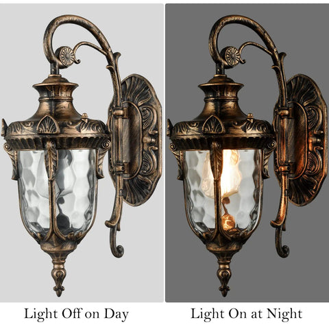 Bronze Outdoor Wall Light Fixture With Hammered Glass Shade on and off, weatherproof exterior sconce for home exterior.