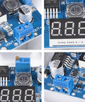 Adjustable LM2596 Buck Converter Module with LED voltmeter display, showing close-up of components and connections for DIY projects.