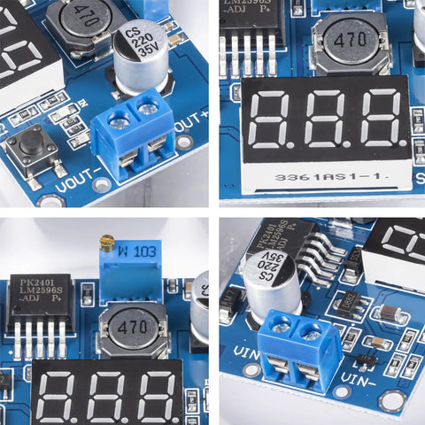 Adjustable LM2596 Buck Converter Module with LED voltmeter display, showing close-up of components and connections for DIY projects.