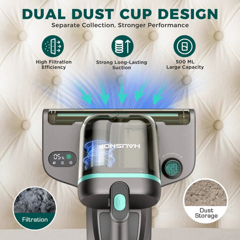 Heavy Duty Handheld Mattress Vacuum Cleaner With Knockout 15Kpa Suction showing dual dust cup design for better filtration.