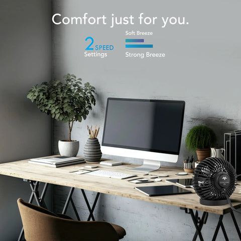 Sphere Personal Adjustable Desk Fan With Quiet Operation and Targeted Cooling Airflow on office desk with computer