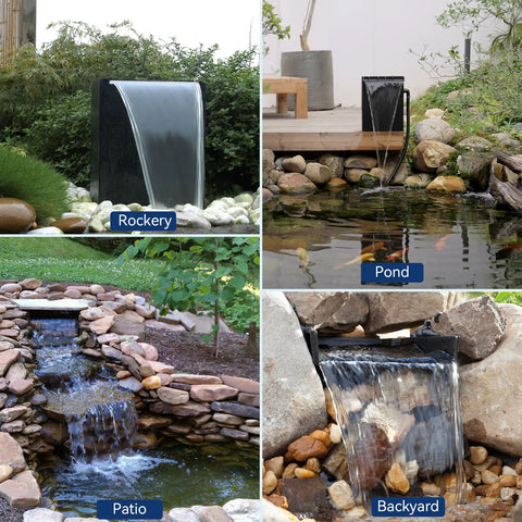 Image of Easy Install Pond Waterfall Spillway Kit With 660 GPH Pump installed in garden settings like rockery, pond, patio, and backyard.