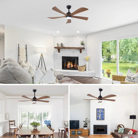Neojoyoenix 52" 5PCS Solid Wood Blades Ceiling Fan with Lights Remote Control,Quiet DC Motor in a modern living room setting.