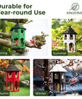 Heavy Duty Metal Bird Feeder For Outdoor Hanging With Circular Perch shown in various colors across different seasons