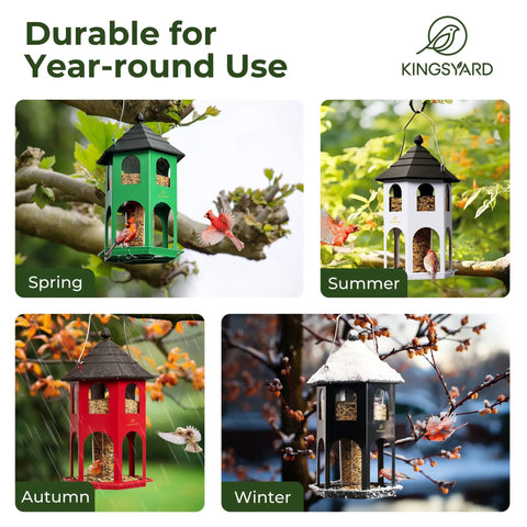 Heavy Duty Metal Bird Feeder For Outdoor Hanging With Circular Perch shown in various colors across different seasons