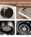 One Touch Auto Grind Espresso Machine With Smart Dosing And Brushed Stainless Steel Finish close-up of stainless steel control knob and grinder.