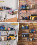 4 Pack Heavy Duty Garage Wall Shelves With 8 Hooks, Wall Mounted Floating Shelves Hold Up To 45 Lbs Each, 180 Lbs Total, Black Mesh Storage Rack For Office, Garage, Basement And Kitchen installed on plaster, brick, cement, and wooden walls.