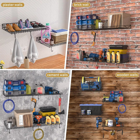 4 Pack Heavy Duty Garage Wall Shelves With 8 Hooks, Wall Mounted Floating Shelves Hold Up To 45 Lbs Each, 180 Lbs Total, Black Mesh Storage Rack For Office, Garage, Basement And Kitchen installed on plaster, brick, cement, and wooden walls.
