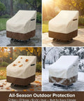 Heavy Duty Waterproof Patio Chair Covers For All Weather Protection Fits Swivel Lounge Rocking And Adirondack Chairs 600D Oxford Fabric With PU Coating UV Fade Resistant 2 Pack Beige And Brown 28W X 32D X 36H over chairs in rain, sun, leaves, and snow conditions.