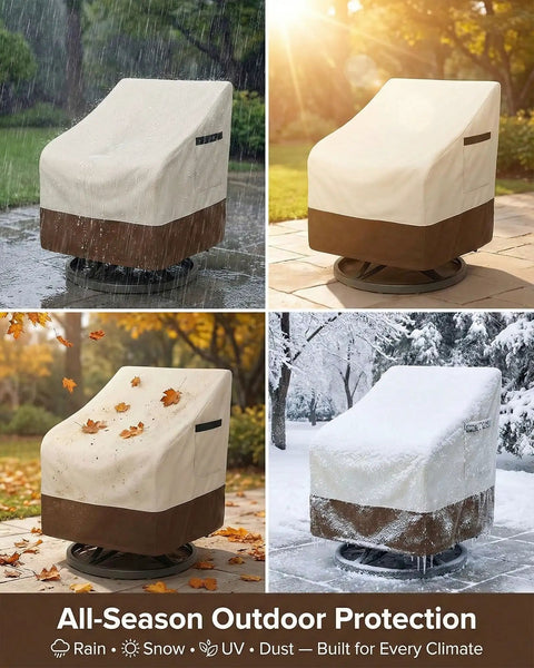 Heavy Duty Waterproof Patio Chair Covers For All Weather Protection Fits Swivel Lounge Rocking And Adirondack Chairs 600D Oxford Fabric With PU Coating UV Fade Resistant 2 Pack Beige And Brown 28W X 32D X 36H over chairs in rain, sun, leaves, and snow conditions.