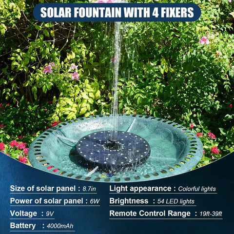 Remote Control Solar Fountain With Dope Colorful Lights For Bird Bath And Garden, 4000mAh Battery, 7 Nozzles, 4 Fixers