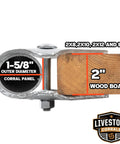 Heavy Duty Galvanized Horse Panel Clamps Fit 1 5 8 Inch Livestock Corral Fencing Attaches Wood Boards To Round Pens And Stall Walls No Weld Barn Setup Quick No Sweat Install 8 Pack detailed view showing dimensions and fit for 2 inch wood board.