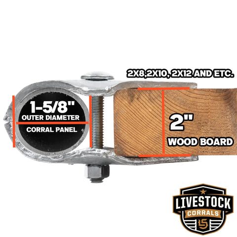 Heavy Duty Galvanized Horse Panel Clamps Fit 1 5 8 Inch Livestock Corral Fencing Attaches Wood Boards To Round Pens And Stall Walls No Weld Barn Setup Quick No Sweat Install 8 Pack detailed view showing dimensions and fit for 2 inch wood board.