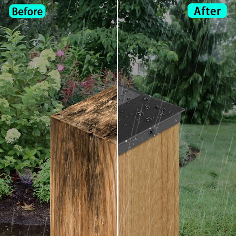 Comparison of wooden post before and after using 4x4 Wood Fence Post Caps Fits 3.5x3.5 Posts PP Plastic Weatherproof And UV Resistant