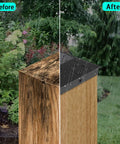 Comparison of untreated wood post vs. capped with 4x4 Wood Fence Post Cap 3.5x3.5 Inches Black, PP Plastic Waterproof UV Proof shield