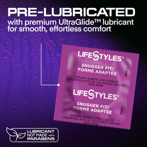 Snugger Fit Latex Condoms With UltraGlide Lubricant, 25 Count, featuring lubricated natural rubber packaging details.