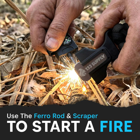 Survival Paracord Bracelet With Built In Compass And Fire Starter Kit lighting fire in outdoor setting