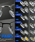 Various eyeglass nose pad pairs in silicone and plastic with different sizes and types next to glasses frames with mounted pads.