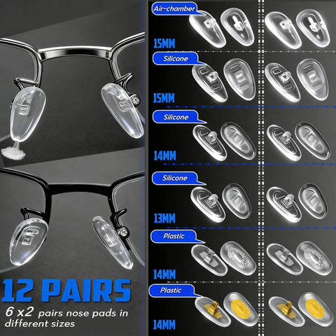 Various eyeglass nose pad pairs in silicone and plastic with different sizes and types next to glasses frames with mounted pads.