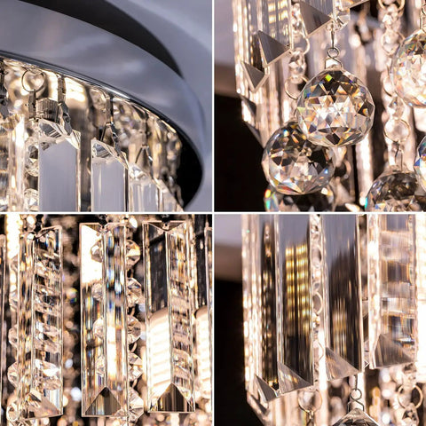Crystal Chandelier 3 Light LED Flush Mount In Chrome, close-up of real crystal glass details and sparkling chrome edge