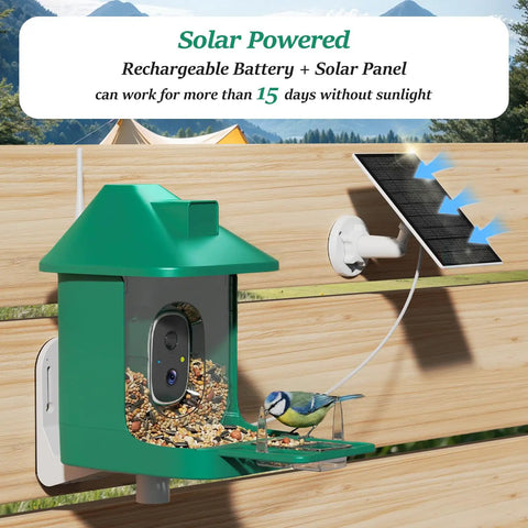 Smart Bird Feeder With Camera 2K Live View Solar Powered Outdoor WiFi Night Vision AI Identify Arrive Alerts Auto Record Videos