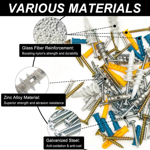 550 Piece Drywall Anchors And Screws Kit with self drilling plastic and zinc anchors demonstrating various materials.