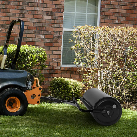 Tow Behind And Manual Lawn Roller 30 Gallon Water Filled Steel Sod Roller with push pull handle in use on lawn