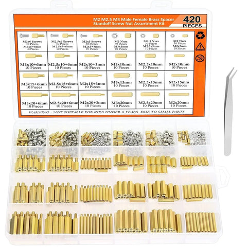 420 Piece Hex Brass Standoff Set With M2 M2.5 M3 Threaded Spacers Matching Screws And Nuts For PCB Circuit Board Mounting Electronics Projects DIY Electronics Build And Reliable Mounting in storage box