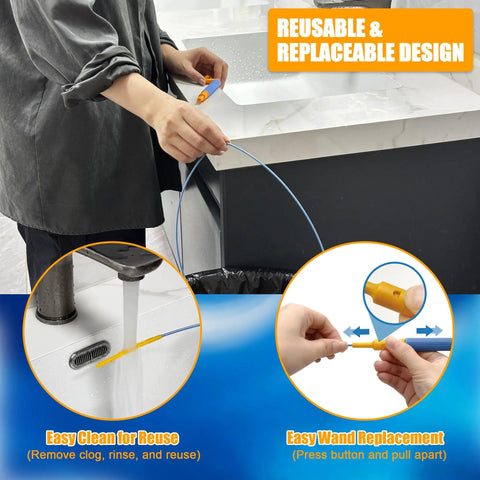 Heavy Duty 30 Inch Drain Snake Snagging Hair Clogs In Showers And Sinks Reusable Nylon Hook Auger in use, easy clean and replaceable wand.