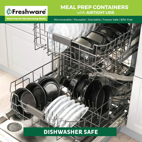 30 Pack Meal Prep Bowls With Lids, 28 Oz Containers For Soup And Salad, BPA Free, in dishwasher, showing stackable storage feature