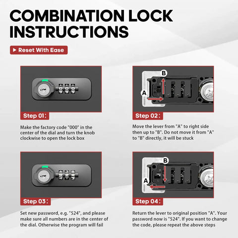 Combination lock instructions for fireproof lock box with key and combination lock for home office and travel portable safe.