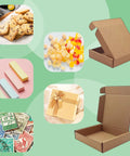 Heavy Duty 5X4X1 Small Shipping Boxes 50 Pack beside assorted snacks and a gift box on a green background.