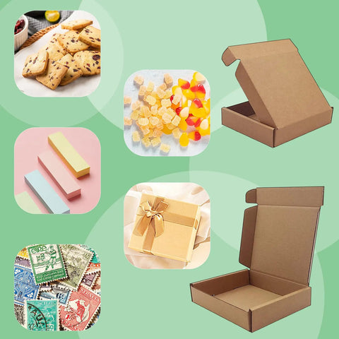 Heavy Duty 5X4X1 Small Shipping Boxes 50 Pack beside assorted snacks and a gift box on a green background.
