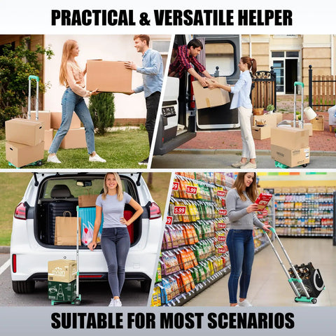 Collage showing Ultra Compact Folding Hand Truck Dolly With Tank Wheels And Expandable Base Plate in various moving scenarios
