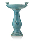 25 Inch Tall Outdoor Ceramic Antique Pedestal Birdbath with Turquoise Finish and Two Playful Bird Figurines for Garden Yard Patio Deck Decor