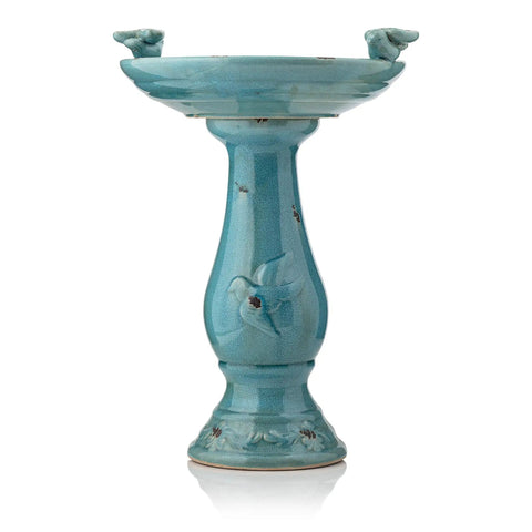 25 Inch Tall Outdoor Ceramic Antique Pedestal Birdbath with Turquoise Finish and Two Playful Bird Figurines for Garden Yard Patio Deck Decor