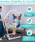 Vive Light Transfer Sling For Showering And Home Care, breathable mesh lift aiding patient transfer from bed, supports head and neck.