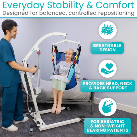 Vive Light Transfer Sling For Showering And Home Care, breathable mesh lift aiding patient transfer from bed, supports head and neck.