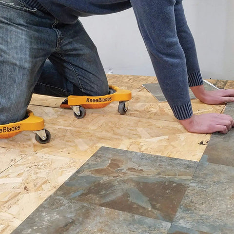 Person using Heavy Duty Knee Blades With Gel Cushions And Three Casters For Unisex Adults, 360 Degree Turn Without Lifting, on wood floor