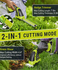 21V Cordless Hedge Trimmer And Grass Shears 2 In 1 Handheld Electric Bush Trimmer in use on green shrub and lawn