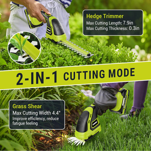 21V Cordless Hedge Trimmer And Grass Shears 2 In 1 Handheld Electric Bush Trimmer in use on green shrub and lawn