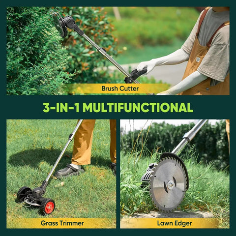 Cordless 24V Weed Wacker With Dual 6500mAh Batteries, 3-In-1 Lightweight Brush Cutter, Lawn Mower And Edger With Wheels in garden use.
