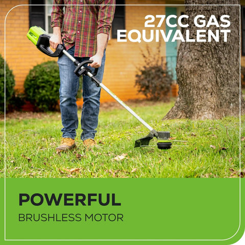Person using 80V Brushless Cordless String Trimmer With 16 Inch Cut, 0.080 Inch Dual Line for trimming grass in yard