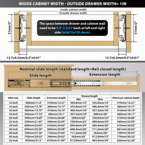 Heavy Duty Soft Close Drawer Slides Full Extension Side Mount Runners With Drop Dead Quiet Damping dimensions for installation guide
